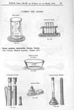 Vase gradué / Fig. 775. Chevalet et tubes / Fig. 1026. Bassin en verre de Guyon / Fig. 1867. Urinosc [...]