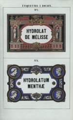 Étiquettes à bocaux. Fig. 1. Hydrolat de mélisse / Fig. 2. Hydrolatum menthae [Hippocrate / Galien / [...]