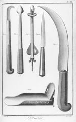 Fig. 1. Couteau à crochet pour les accouchements / 2. Lance pour percer la tête du foetus dans la ma [...]