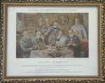 Reproduction encadrée d'une peinture représentant Pasteur entouré de collaborateurs, en plein travai [...]